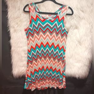 Pastels Blue Red Tan and White Chevron Sleeveless Dress Size L